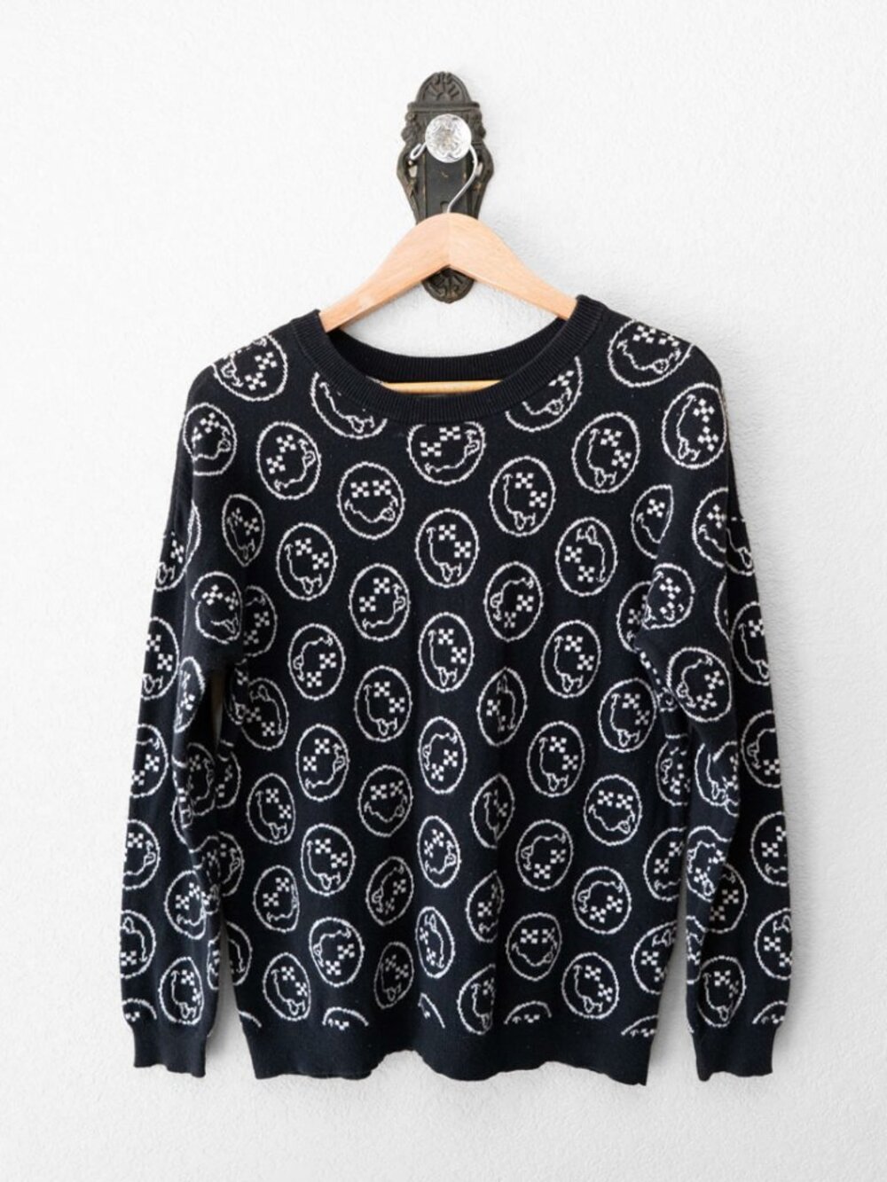 Vans Sweater Mens M Black White Reversible Smiley Face Checkerboard Knit Pullove